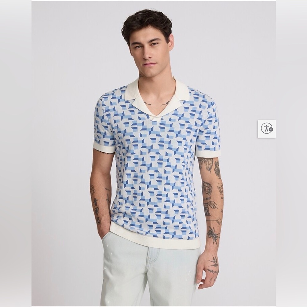Express Blue and Cream Patterned Polo Shirt